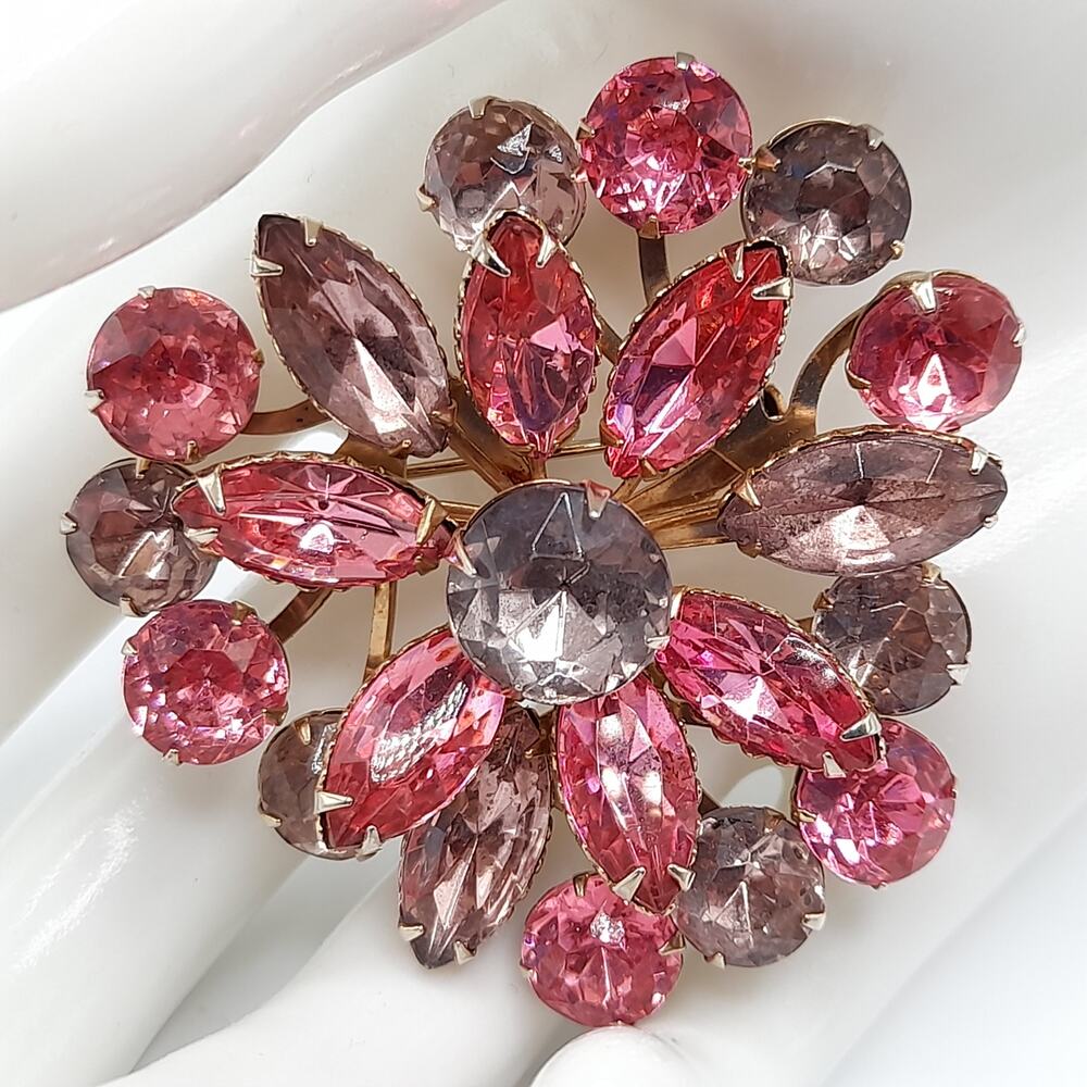 Vintage Pink Lavender Rhinestone Floral Brooch, Gold Tone, 1950s, 2 In